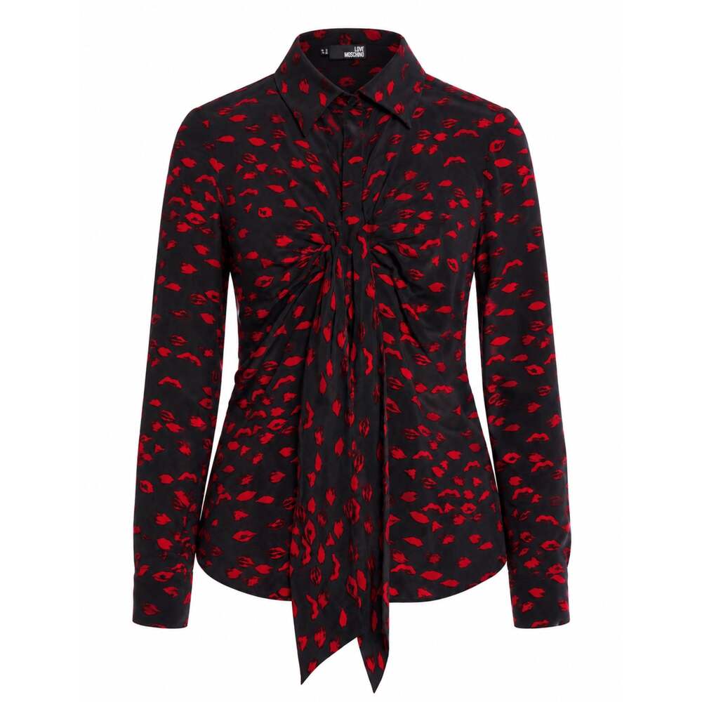 Love Moschino Black Silk Button Down Blouse with Lips Print